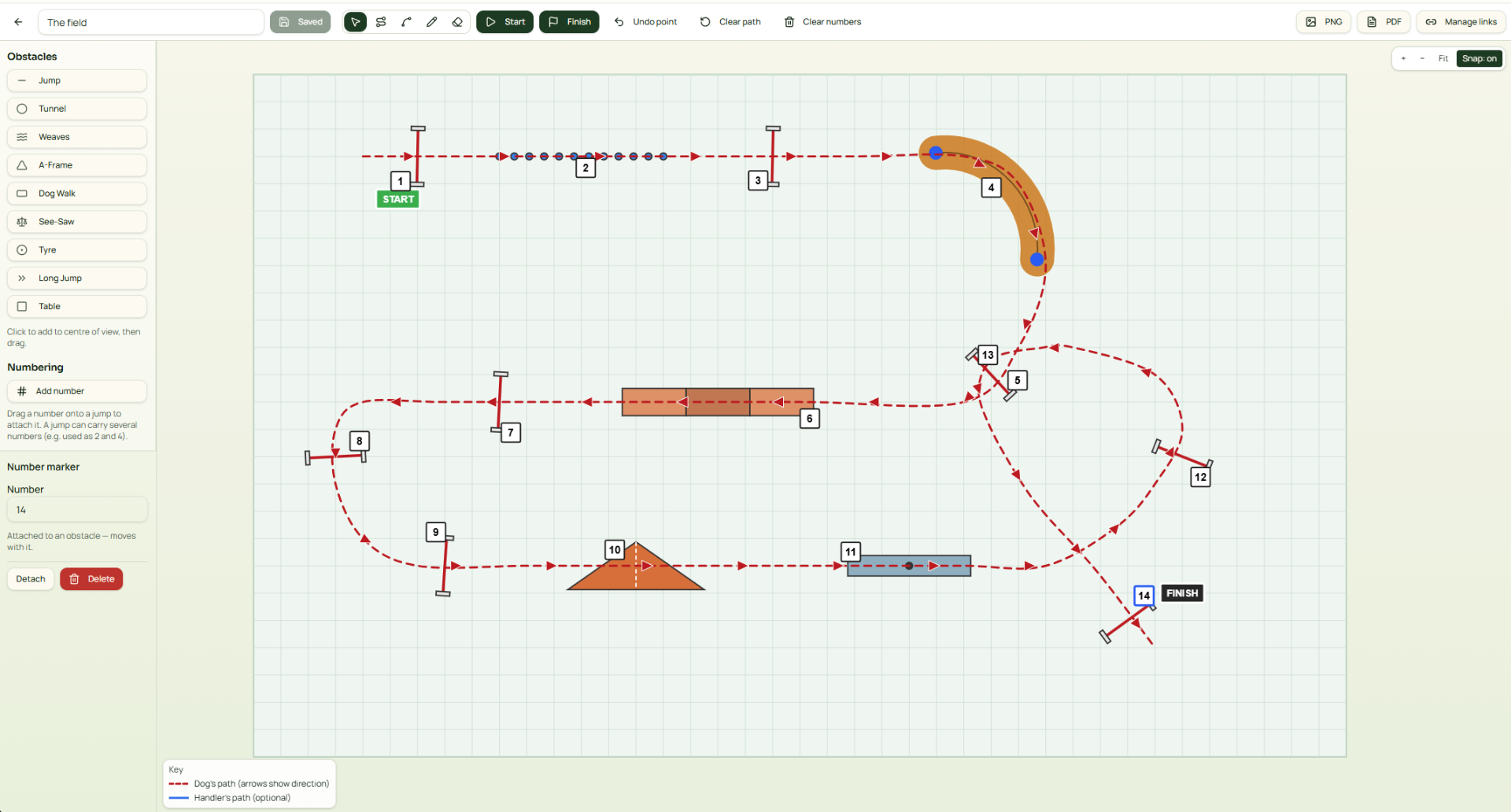 Weave & Jump course designer with obstacles, numbered path and export options